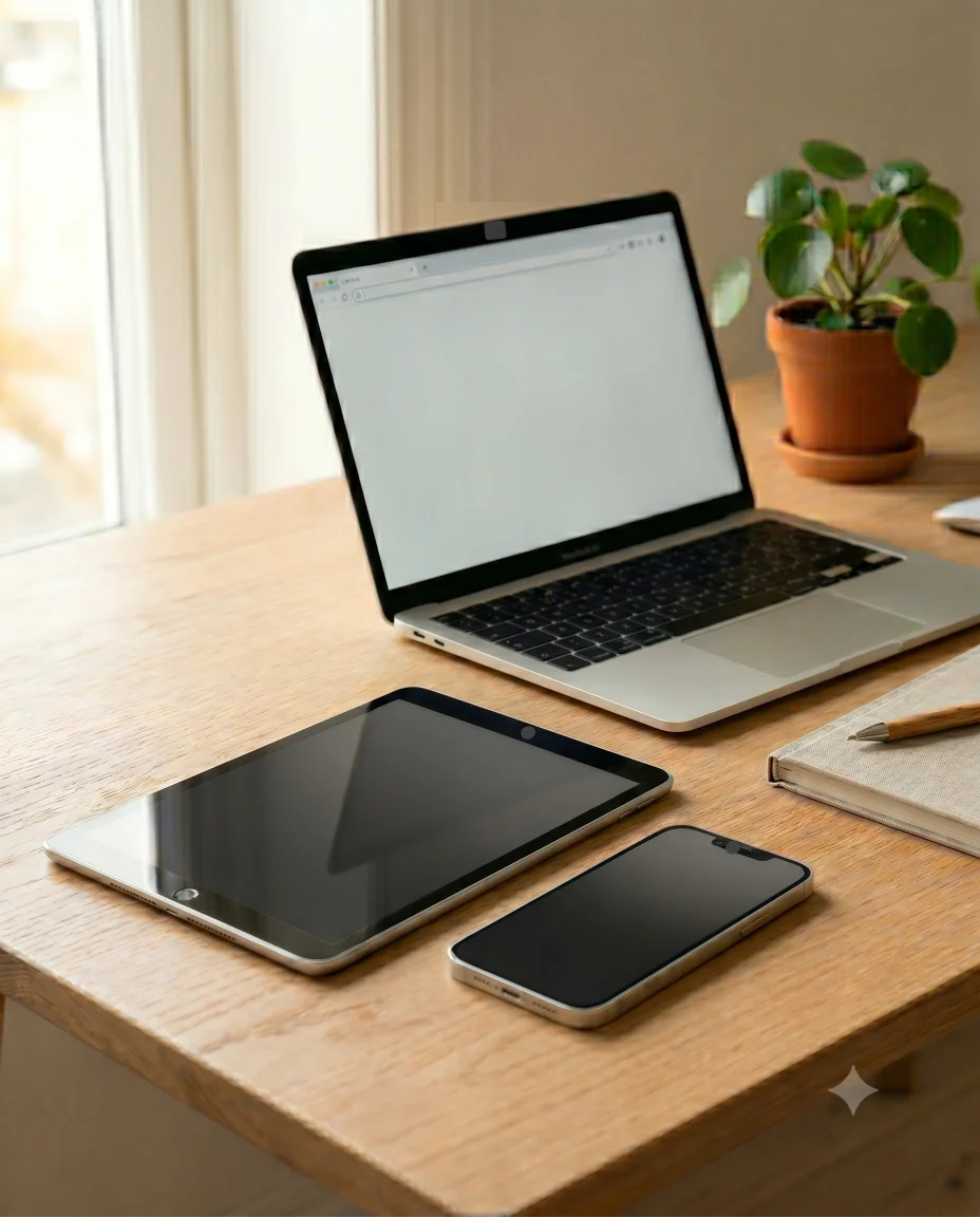 Ordinateur portable, tablette et smartphone équipés de caches webcam FABUCAN sur un bureau en bois