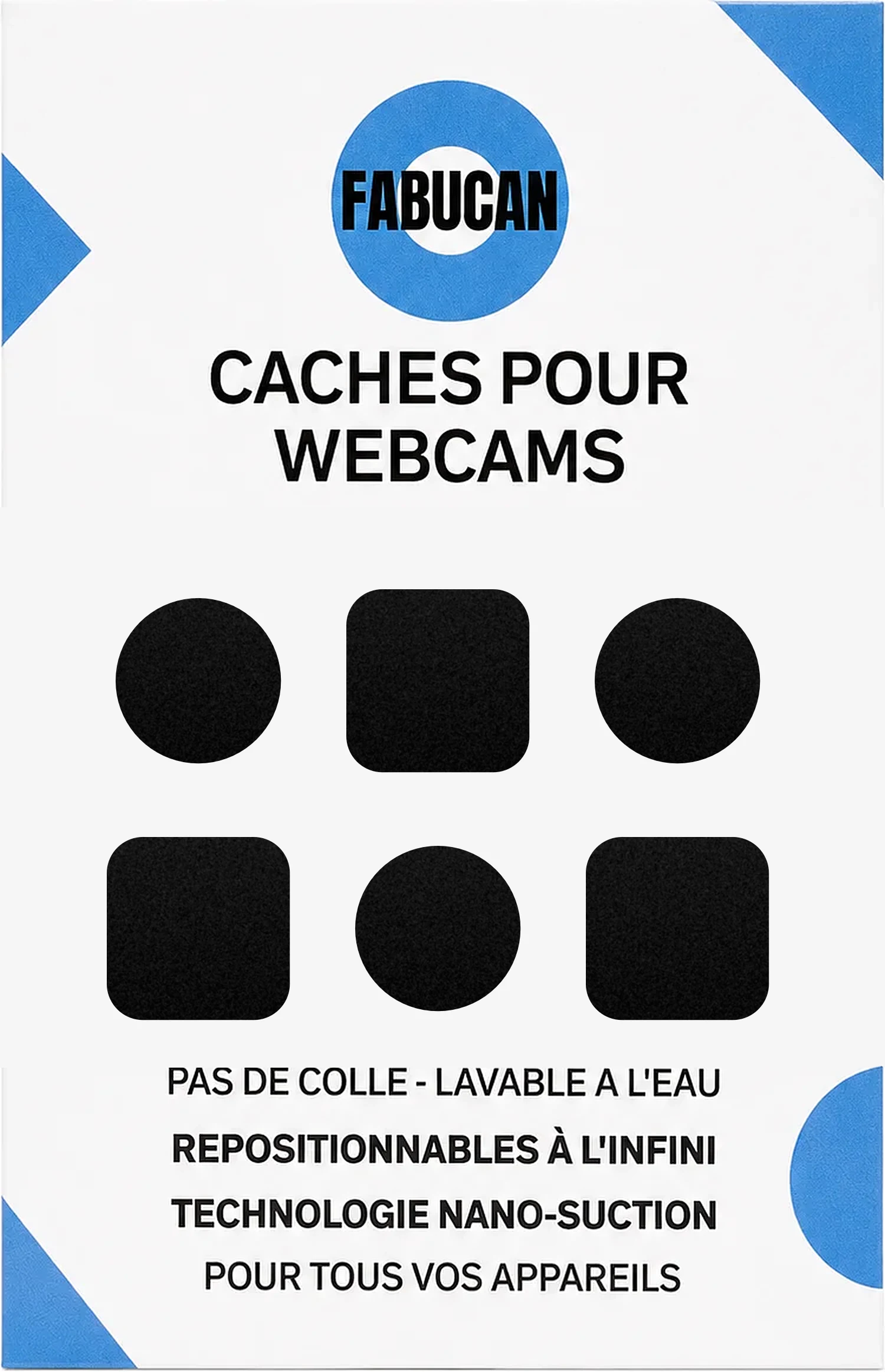 Packaging FABUCAN : lot de 6 caches pour webcams, 3 carrés et 3 ronds, technologie nano-suction